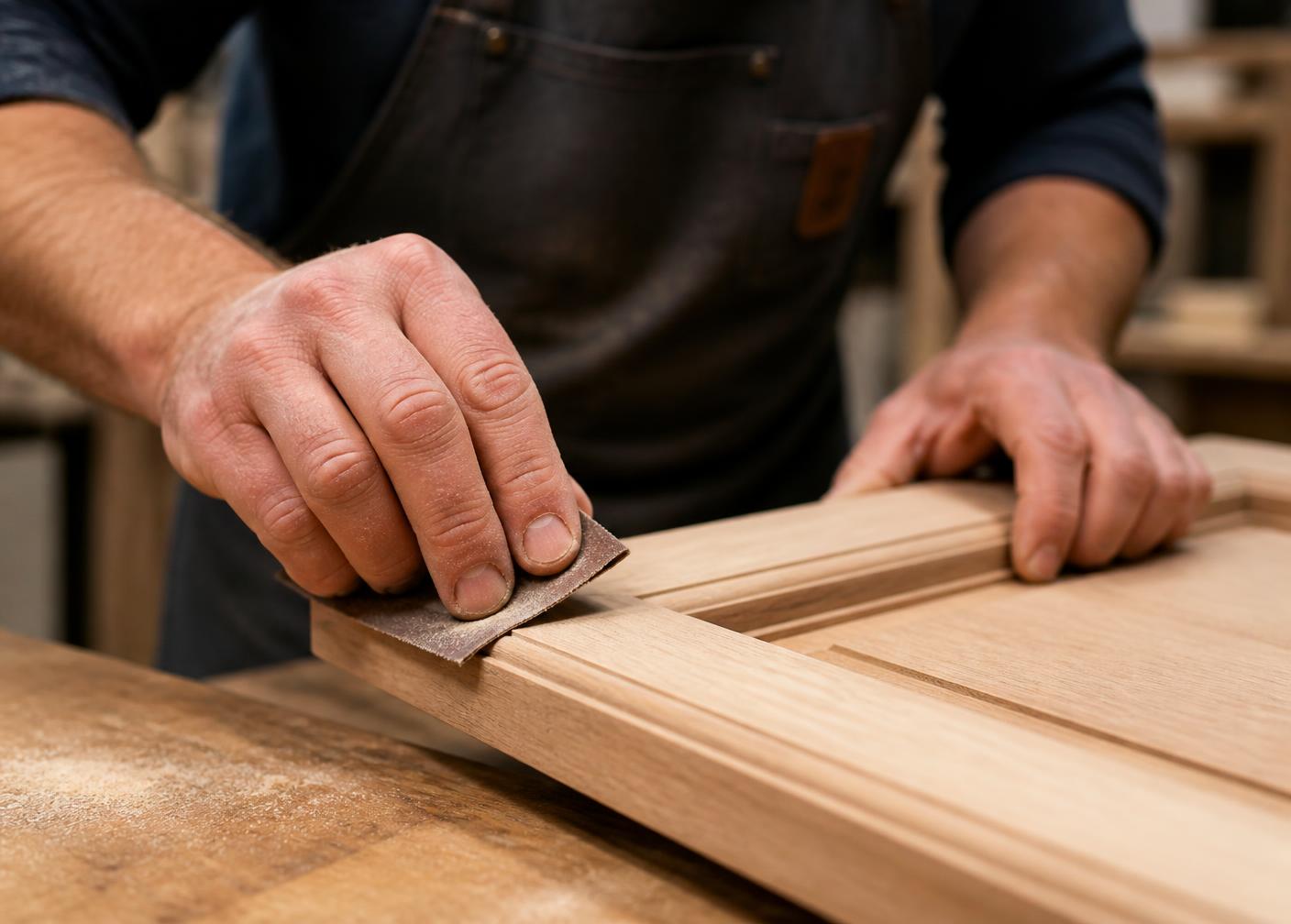 Hands sanding a custom cabinet door rail in the shop